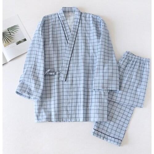 Japanese Plaid Print Style Mens Kimono Traditional Pajamas Double Layer Gauze Hanfu Loose Home Wear Trousers Set Thin Yukata