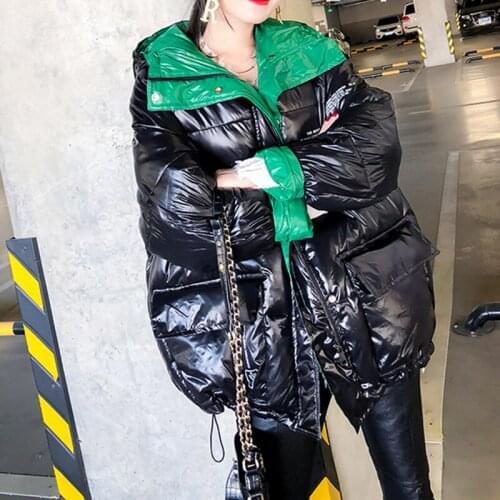 Novel Glossy Winter Padded Jacket Women Harajuku Oversize Patchwork Overcoat Mid Long Jacket Letter Print Loose Hooded Parkas
