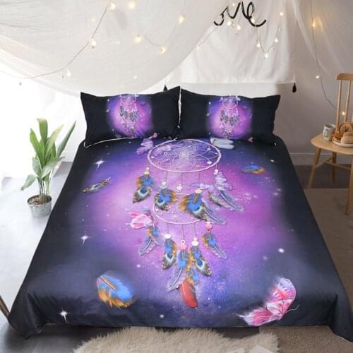 Dreamcatcher Bedding Set Queen Romantic Purple Duvet Cover Dreamlike Butterfly Bed Set Feathers Bedclothes 3pcs