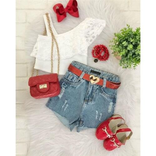 1-6Years Fashion Kids Girls Summer Clothes 2pcs Laec Flower One Shoulder Cropped Tops+ Irregular Hem Ripped Short Jeans Outfits