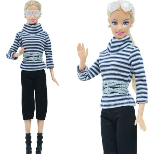 Fashion Striped Blouse Black Pants Shorts Lady Girl Outfits Glasses Belt Boots Shoes Clothes for Barbie Doll Accessories
