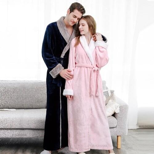 Men Winter Plus Size Warm Coral Fleece Hooded Bathrobe Flannel Kimono Extra Long Bath Robe Night Dressing Gown Women Sleepwear