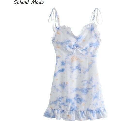 Splend Moda Tie-Dye Camisole Dress Women 2021 New V-Neck Shoulder Lace-Up Ruffle Mini A-Line Dress For Women Summer Vestido