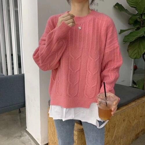 Stitching Thickened Sweater Womens Spring New Loose Thin Lazy Wind Hole Pullover Knitted Top Fake Two Pieces