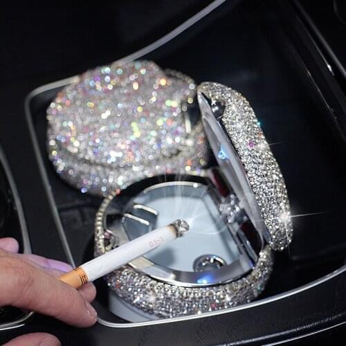 Bling Rhinestone Portable Car Ashtray with Led Light Diamond Crystal Car Ashtray Storage Cup Holder for Woman car Accessories