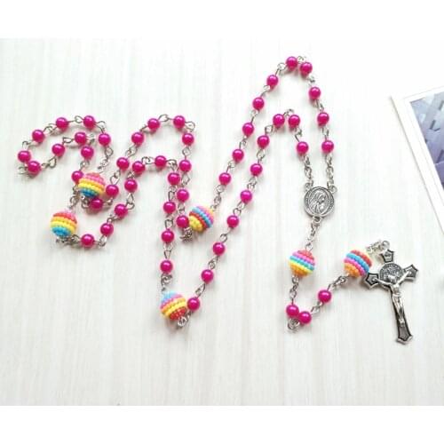 QIGO Religious Cross Jewelry Imitation Pearl Rosary Necklace Pink
