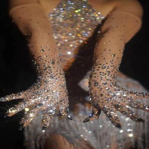 Luxurious Stretch Rhinestones Gloves Women Sparkly Crystal Mesh Long Gloves Dancer Singer Nightclub Stage Show Accessories