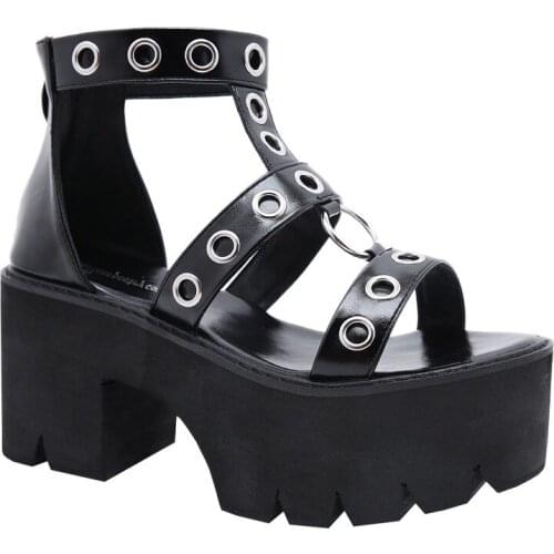 Sexy Rivets Womens Ankle Strap Block Heel Sandals Ladies Strap Platform Shoes on Summer Comfortable Gladiator Shoes Lady