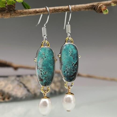 Elegant Nature Style Green Enamel Drop Earrings Oval Veins Point Paint Dangle Opal Earrings Pearl Pendant Antique Silver Color