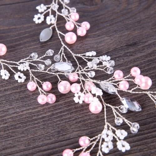 Wedding Romantic Pink Pearl Crystal Headdress Wedding Bridal Hair Accessories Jewelry Bridal Headdress Headband