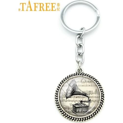 TAFREE Retro gramophone Key Chain flying melody and harmony Keychain 2017 new arrival men women cabochon fashion jewelry H485