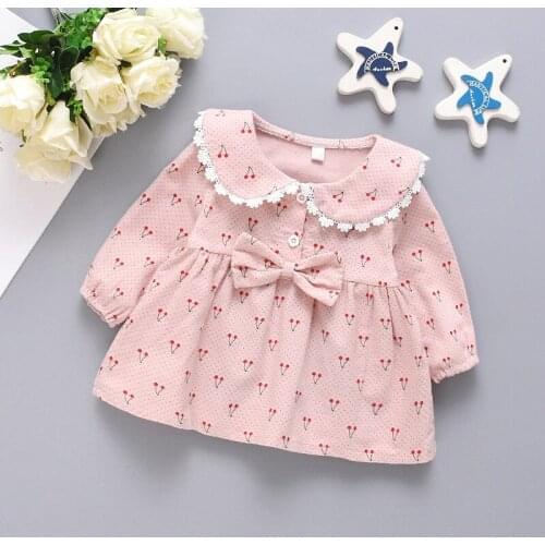 Spring Baby Girls Dresses Cute Cherry Print Long Sleeve Childrens Dress for Girls Kids Bowknot Princess Lovely Dresses Vestidos
