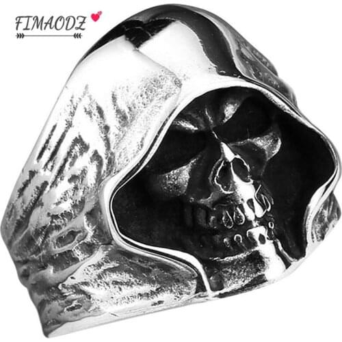 FIMAODZ Fashion 2020 New Design Wear A Hat Vintage Gothic Alloy Skull Punk Ring Mens Skull Stainless Steel Rings Jewelry
