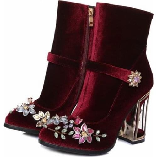 Women Retro Birdcage High Heel Boots Diamond Flower Wine Red Black Velvet Ankle Rhinestone Decor Botas Mujer Ladies High Boot