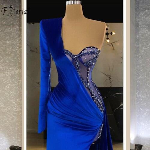 Royal Blue Velvet One Shoulder Evening Dress 2021 Sexy High Side Split Mermaid Prom Gowns Couture Crystal Robe De Soiree