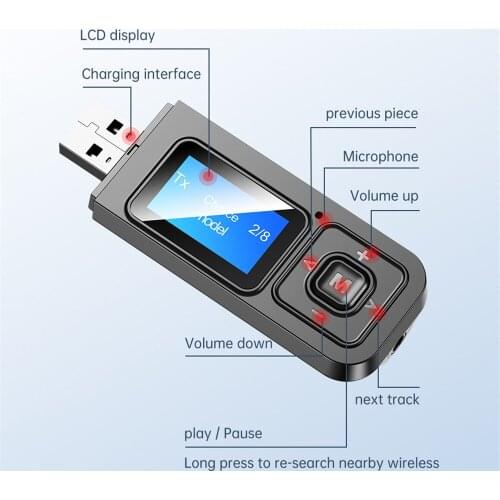 5.0 Bluetooth Adapter Wireless LCD Display USB Bluetooth Receiver Music Audio Transmitter for PC TV Car 3.5mm AUX Adaptador