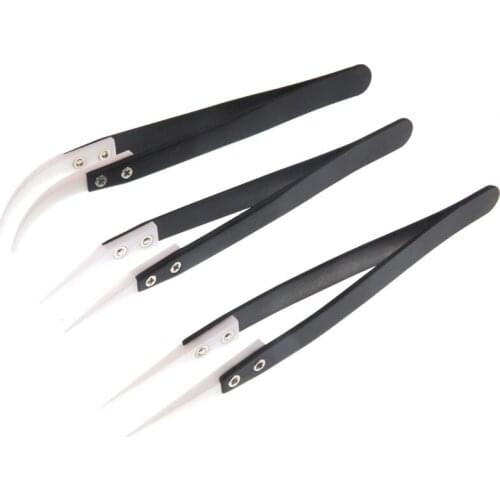 Anti-Static Ceramic Tweezers Stainless Steel Electronic Industrial Ceramic Tweezers Replaceable Insulated Straight Curved Tip