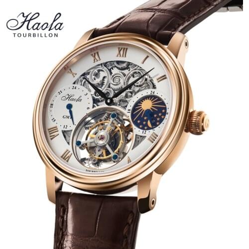 HAOFA Mens Luxury Tourbillon Mechanical Mens Watches Sapphire Skeleton Movement Manual Tourbillon GMT Watch For Men Moonphase