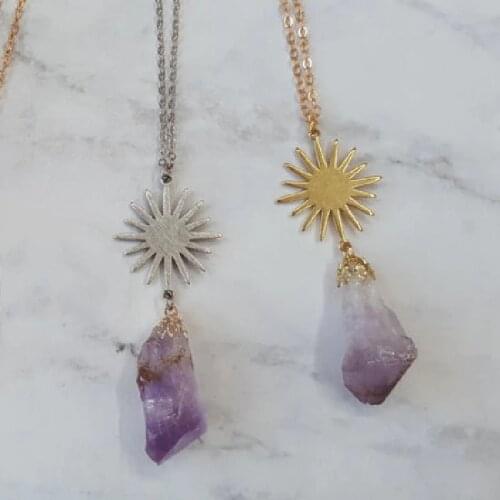 Boho Sun and Gemstone Long Necklace Purple Stone Rose Brass Modern Pendant Fashion Birthstone Statement Women Gift Jewelry New