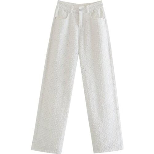 ZXQJ Women 2021 Fashion White Hollow Hole Frayed Wide Leg Jeans Vintage High Waist Zipper Fly Female Trousers Mujer