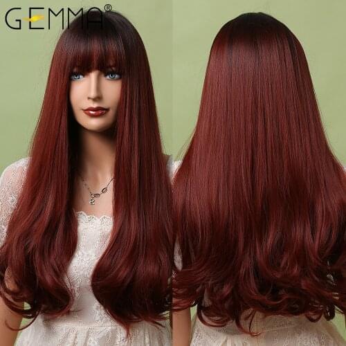 GEMMA Wine Red Long Water Wave Synthetic Wigs with Bangs Burgundy Cosplay Daily Heat Resistant Hair Wigs for Women Afro