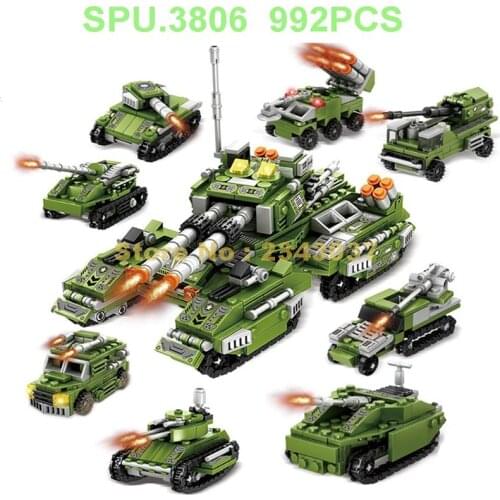 K062 992pcs 8in1 25 Changes Military Army Tank Chariot Armored Vehicle 8 Dolls Building Blocks Toy