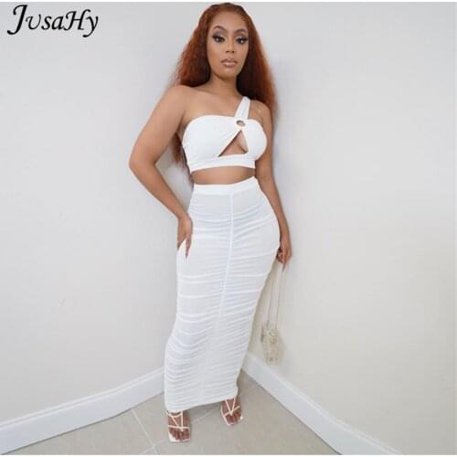 JusaHy Buckle Hollow Slim Solid Two Pieces Set for Women Sleeveless Off Shoulder Stretch Bandage Urban Club Partywear Outfits