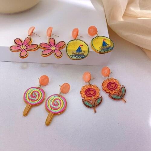Korean Interesting Color Hand Drawn Lollipop Flower Dangle Earrings Women Sweet Earrings Female Simplicity Acrylic Drop Earrings