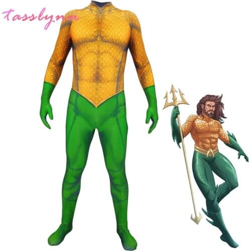 Superhero Aquaman Cosplay Costume for Men Kids Gold Aquaman Muscle Jumpsuits Children Boys Clothes Halloween Party Clothing