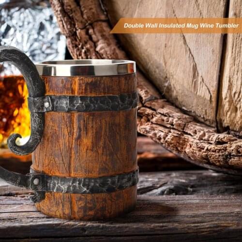 Creative Double Walls Big Drinking Cup Metal Insulated Thermal Simulation Wooden Barrel Stainless Steel Liner Beer Mug