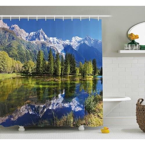 Outdoor Shower Curtain Snowy Mountains Evergreen Spruce Reflected in Lake City Park Chamonix France Waterproof Bath Curtains