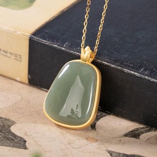 Natural 925 sterling silver gilded inlaid cyan hetian jade retro pendant jewellery fashion for women lucky gold necklace