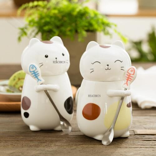 Super cute three-dimensional animal cat cute ceramic water cup couple creative large capacity mug coffee cup with lid spoon