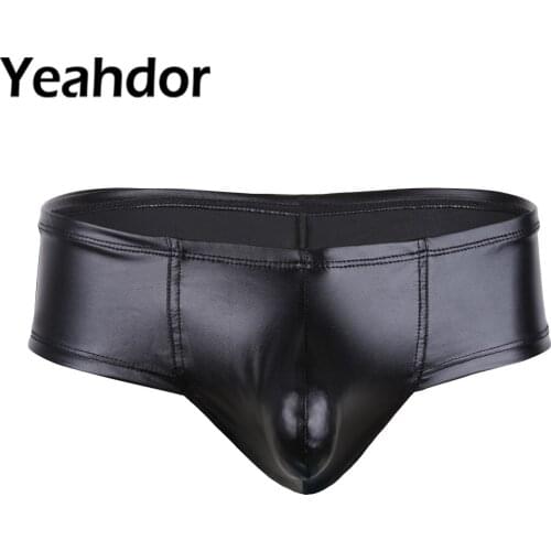 Sexy Men Low Rise Lingerie Wetlook Faux Leather Clubwear Bikini Briefs Shorts with Bulge Pouch Erotic Underwear Partywear