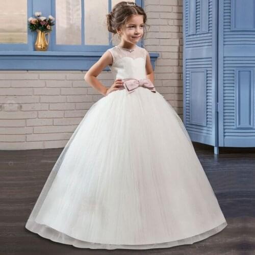 Flower Girls Birthday Banquet Sleeveless Lace Bow Stitching Dress Elegant Girls Wedding Long White Bow Lace Loop Dress