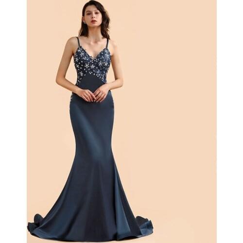 Real Image Navy Blue Lace Mermaid Prom Dresses 2021 Sexy Backless Spaghetti Straps Beads Stones Satin Evening Prom Gowns