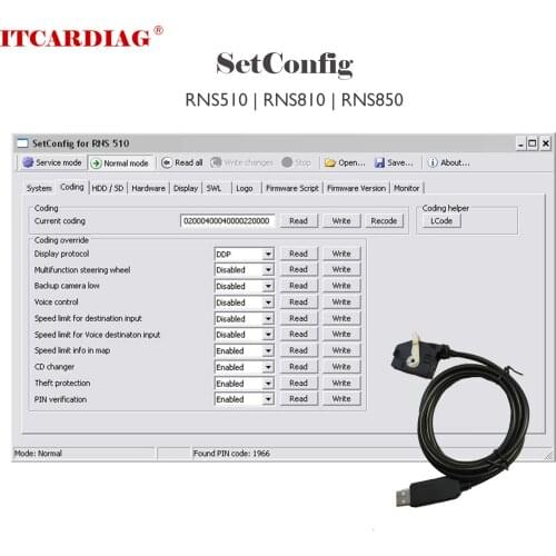SetConfig 2.5.1 & 2.8.1 for RNS Identify Supports RNS510 RNS810 RNS850 Change the PIN Code Erase the NAND Memory