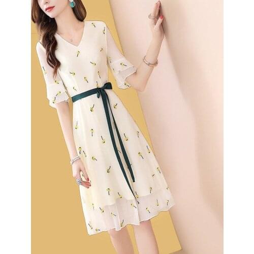 Floral Chiffon Dress 2021New Women Receive Waist Printed A-line Dresses Female Summer Vestidos S-2XL Ladies Dress C857