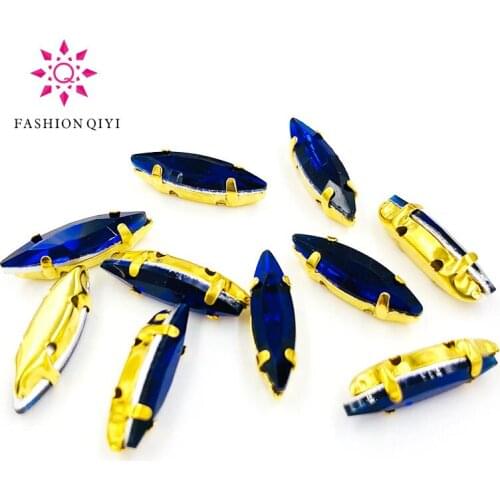 4x15mm Royal blue Horse eye shape 50pcs Glass Crystal Gold bottom sew on claw rhinestones with holes diy Sewing On Garment