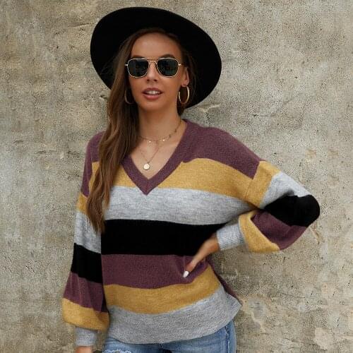 2021 Striped Oversize Sweater Knitted Autumn Winter V Neck Thick Loose Pullover Casual Long Sleeve Gray Warm Sweaters For Women