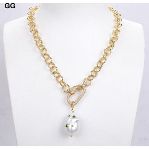 GuaiGuai Jewelry Unique Cultured White Keshi Pearl Green Cubic Zirconia Pave Gold Plated Chain Necklace 18"
