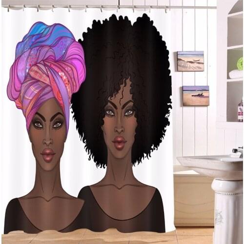 72'' African Black Afro Woman with Scarf Bathroom Shower Curtain Polyester 12 Hooks Waterproof Fabric Anti-Mildew