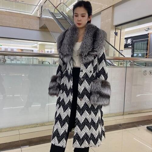 Women Long Cashmere Jacket Winter Warm Fashion Wool Blends Overcoat Silver Fox Fur Trim And Cuffs Adjustable Waist