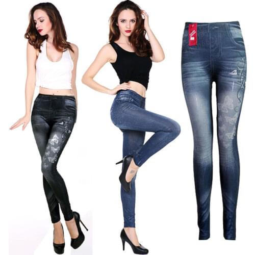 Women Printed Fake Jeans Leggings Autumn Denim Pants Skinny Faux Jeans Trousers Stretch Skinny Leggings Pencil Pants