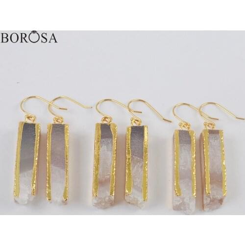 BOROSA Gold Cuboid Natural Agates Geode Dangle Earrings for Women Druzy Cluster Quartz Statement Earrings Jewelry Gifts G1999-E