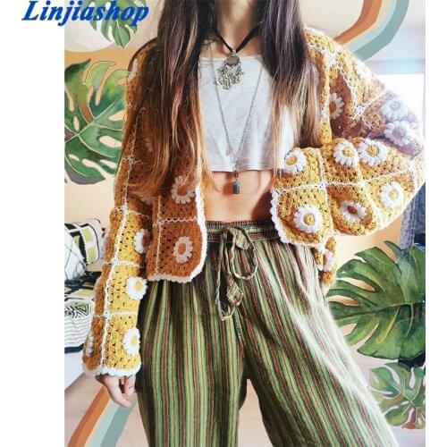 Women Fashion Floral Embroidery Cropped Handmade Knitted Cardigan Sweater Vintage Long Sleeve Female Outerwear Chic Tops