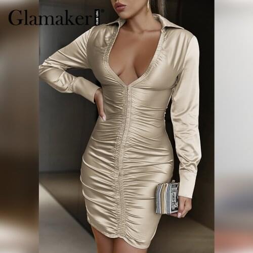 Glamaker Sexy v neck Christmas party club mini dress Satin fold elegant bodycon luxurious dresses Dinner slim autumn vestidos