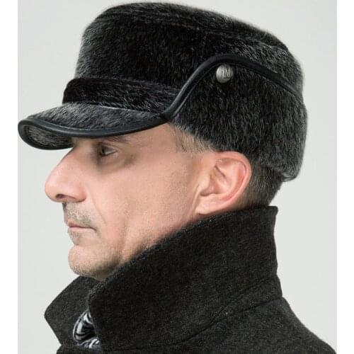 Elderly Winter Warm Fur Hat Male Flat Cashmere Imitation Mink Cap Winter Elderly Quinquagenarian Earmuffs New Year Gift B-7372