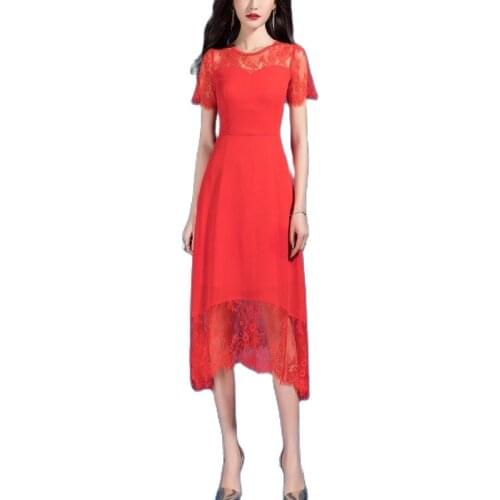 2021 Graceful Women Summer Waist A Line Elegant Dovetail Party Wear Black Lace Stitching Dress