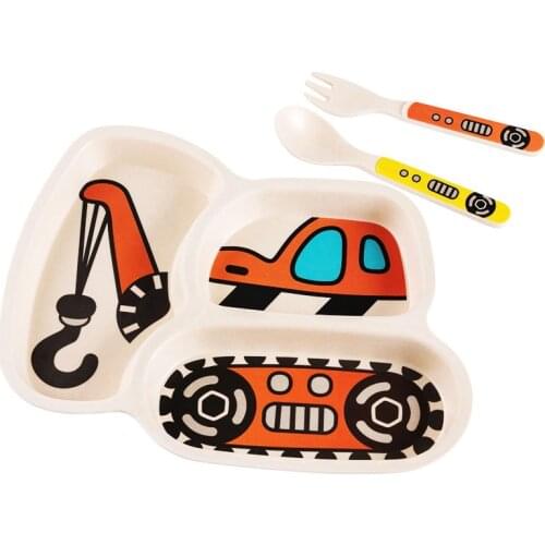 3pcs Baby Dishes Tableware Set Children Cartoon Car Feeding Bowl Dish Kids Natural Bamboo Fiber Dinnerware With Fork Spoon Plate